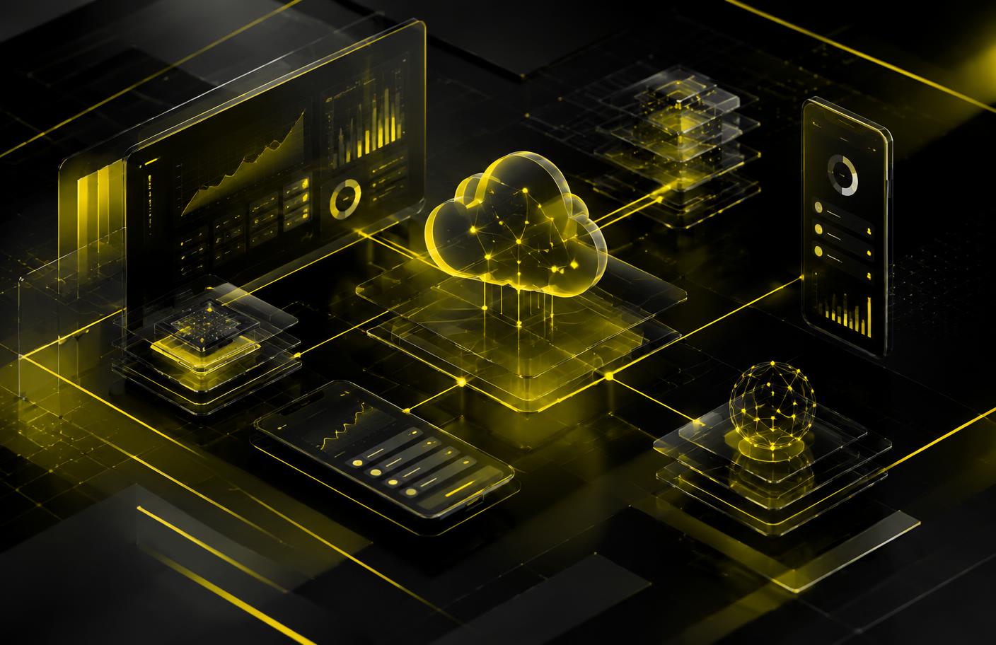 Abstract technology systems with yellow network lines